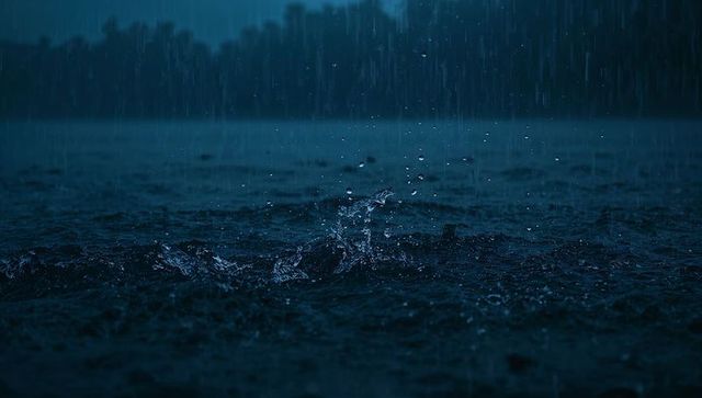 Night rain splashing on lake surface creating cinematic ripples and treeline reflections
