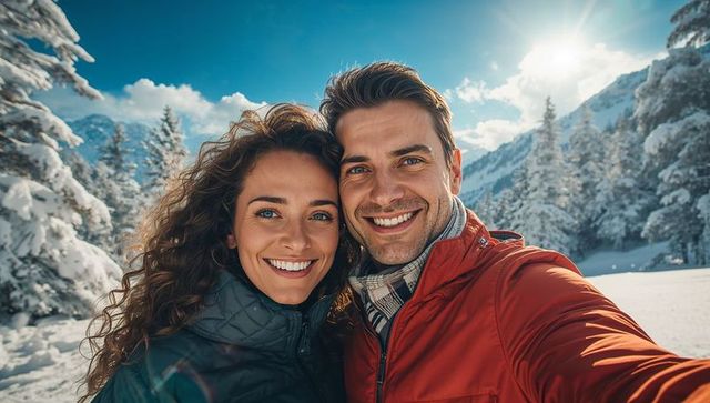 Smiling Couple Enjoying Winter Vacation in Snowy Mountain