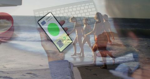 Overlay of digital connection and beach serenity