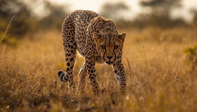 Predatory Cheetah Stalking Through Golden Savanna Grass