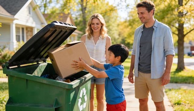 Parents teaching son recycling by placing cardboard in green bin on sunny suburban street