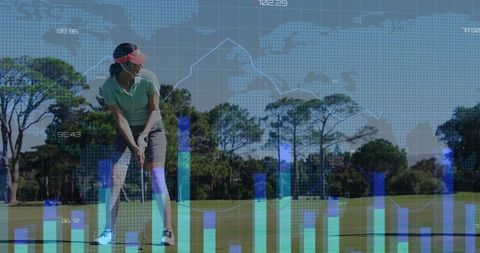 Female Golfer Preparing Shot with Abstract Technology Overlays