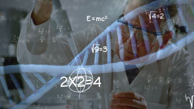 Scientist wears glasses and laboratory coat working in lab with floating DNA helix and mathematical equations overlay. Perfect for articles on scientific research, technological advancements in genetics, educational materials, or illustrating innovation in science and technology.