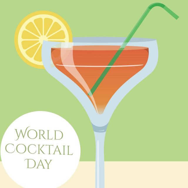 This image features a stylish cocktail glass with a lemon slice and straw, set against a green background. It includes text highlighting World Cocktail Day, making it perfect for promoting events, parties, or awareness campaigns related to cocktails and celebrations.