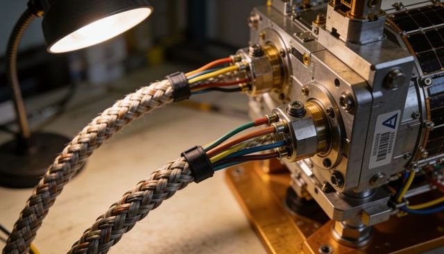 Braided power cables connecting precision metal connector block on electronics test bench under lamp