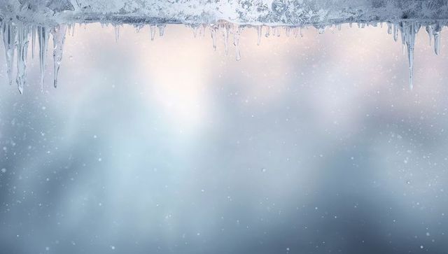 Glittering icicles and frosted eave with soft snowfall creating cool blue winter backdrop