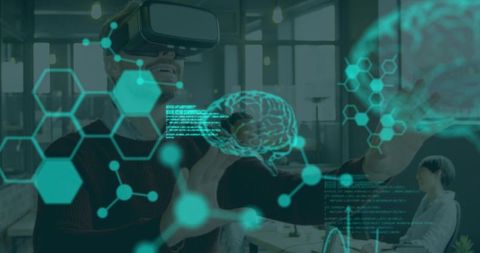 Caucasian Man Using VR Headset with Futuristic Digital Data Overlay - Download Free Stock Images Pikwizard.com