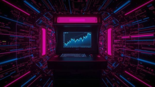 Futuristic console shows rising graph in neon circuit tunnel