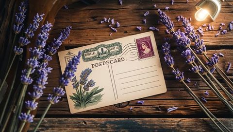 Vintage lavender postcard on rustic wooden desk with floral elements