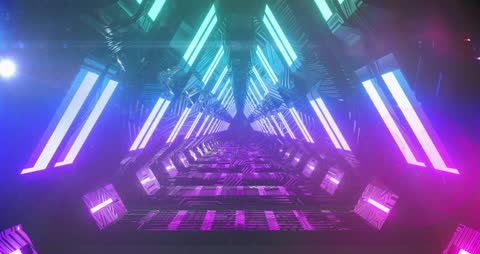 Digital rendering of a vibrant, colorful neon tunnel with geometric light patterns glowing in different tones of purple and blue. This abstract and futuristic composition creates a depth effect with pulsating trails of light. Ideal for uses in technology or digital art contexts, promotional backgrounds, event visuals, and creative videos related to sci-fi themes or VR experiences.