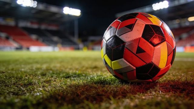 Colorful soccer ball resting on floodlit stadium turf at night closeup with empty stands