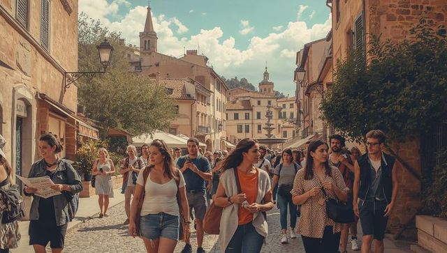 Sunlit european cobblestone street with three women walking through historic town square