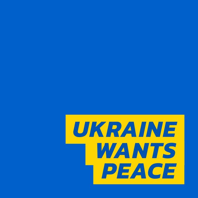 Bold yellow text 'UKRAINE WANTS PEACE' over a solid blue background, symbolizing support for Ukraine. Could be used in peace campaigns, solidarity messages, social media posts, awareness creators or support rallies.