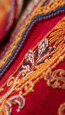 Showing intricate embroidery on red fabric, vertical video highlighting multicolor stitching