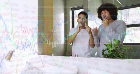 Couple Brushing Teeth at Vanity with Stock Market Charts Overlay Conveying Morning Finance