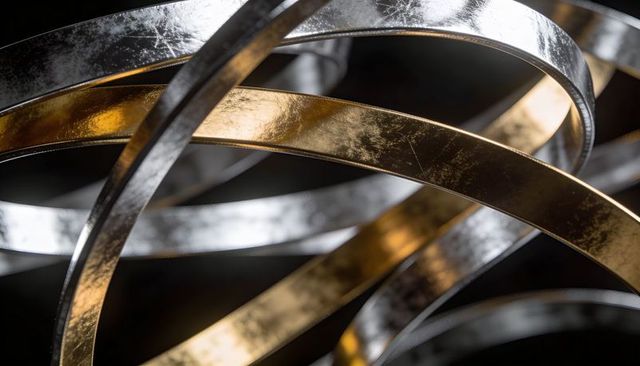 Twisted Gold and Silver Metal Ribbons Patina Scratches Macro Abstract Metallic Texture