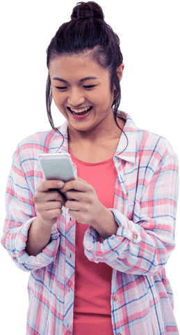 Excited Woman Using Smartphone with Transparent Background