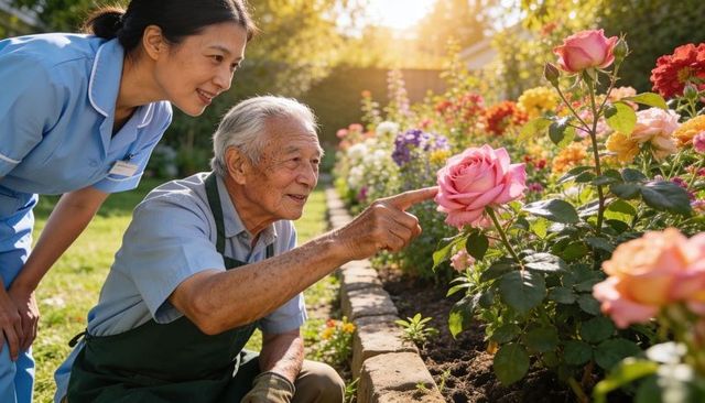 Elderly man gardening with caregiver in rose garden pointing at pink rose and smiling