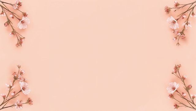 Peach pastel floral border with cherry blossom branches framing negative space minimal