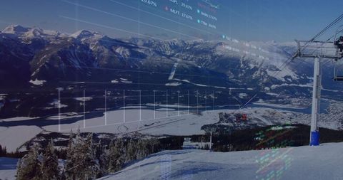 Digital data overlay on groomed alpine ski slope with chairlift, mountain valley panorama