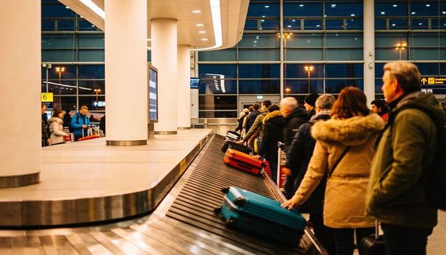 Travelers collecting luggage at airport carousel during nighttime arrival and queue
