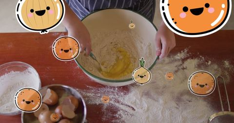 Woman Baking with Cute Cartoon Illustrations of Onions and Oranges - Download Free Stock Images Pikwizard.com