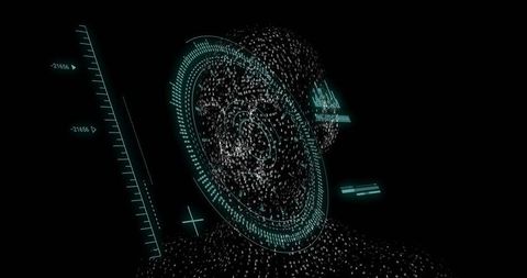 Forming digital humanoid silhouette from binary digits with teal hud rings and scale