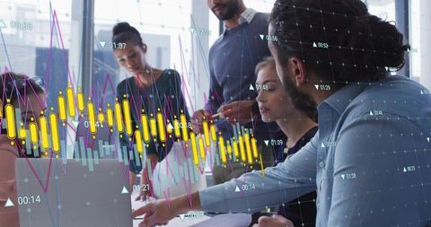 Business team analyzing candlestick charts and financial data collaborating on analytics dashboard