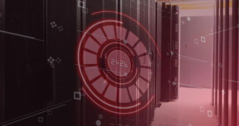 Digital data processing in secure server room with futuristic tech overlay