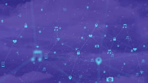 Digital Blockchain Network with Virtual Icons on Blue Background