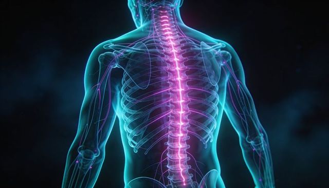 Glowing spine and nerves in posterior torso showing spinal anatomy and neural pathways
