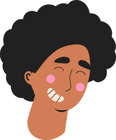 Smiling cartoon head with dark curly hair and expressive features