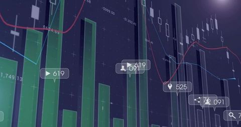 Financial dashboard displaying candlestick and bar charts with market analytics overlays