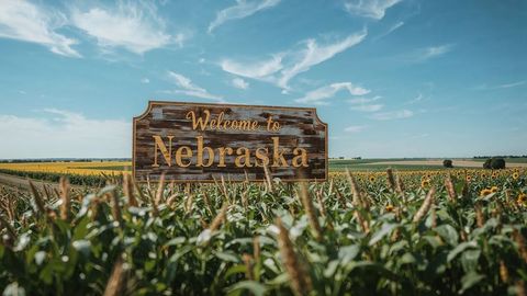 Welcome to Nebraska Sign in Lush Farmland During Harvest