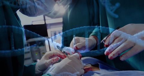 Surgeons performing operation with dna helix overlay representing genomic medicine
