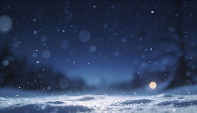 Nocturnal snowy foreground sparkling with falling snowflakes, frost crystals and warm bokeh glow