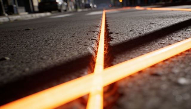 Glowing orange led strips running along asphalt seam at night urban pavement lighting