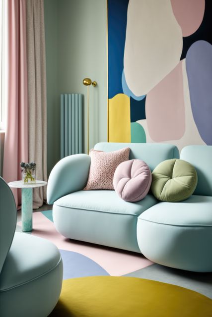 Pastel blue retro sofa with cushions and painting, created using generative ai technology. Interior design, feminine, pastel colours vintage home decoration concept digitally generated image.