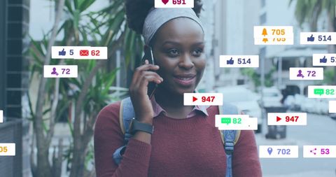 African American Woman Engaging with Social Media Icons Overlay