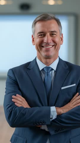 Executive CEO posing with arms folded smiling in navy suit vertical corporate headshot video