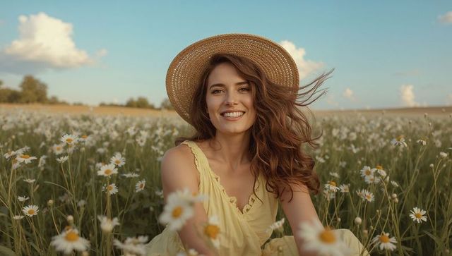 Woman Enjoying Summer in Daisy Field with Straw Hat and Beguiling Smile