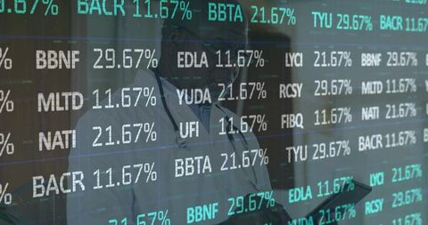 Senior physician reviewing tablet with financial ticker overlay and window reflection