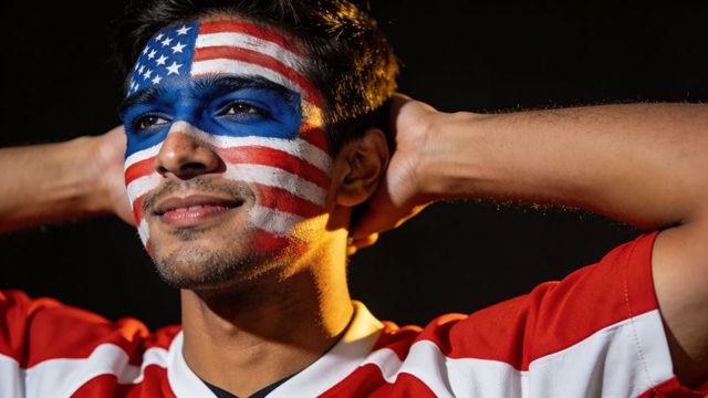 Young fan wearing american flag face paint gazing upward celebrating patriotic pride