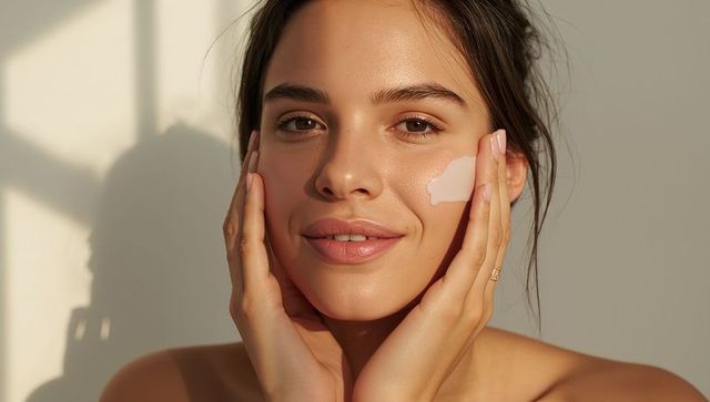 Woman Massaging Skincare Cream in Natural Light for Glowing Skin