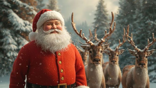 Santa claus and reindeer in magical snowy forest