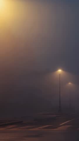 Vertical video panning foggy street with glowing lamp posts receding into night