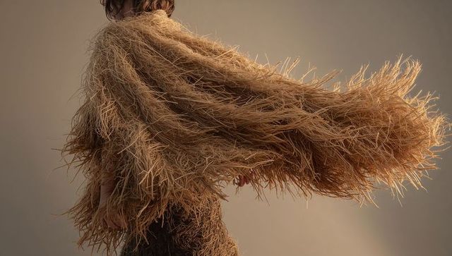 Flowing Fringe Cape and Skirt in Warm Beige Capturing Motion and Texture for Editorial Fashion