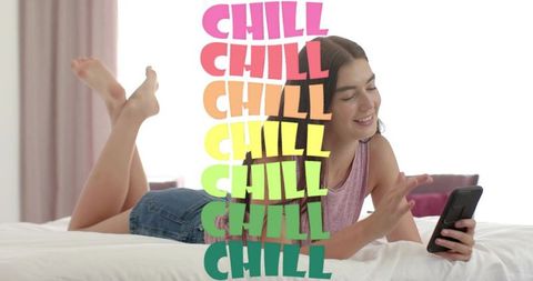 Young woman lying on bed scrolling smartphone with colorful chill overlay, cozy bedroom
