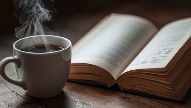 Steaming coffee cup beside open book on rustic wooden table for cozy reading and relaxation