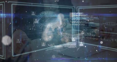 Woman integrating 3d holographic interface on laptop